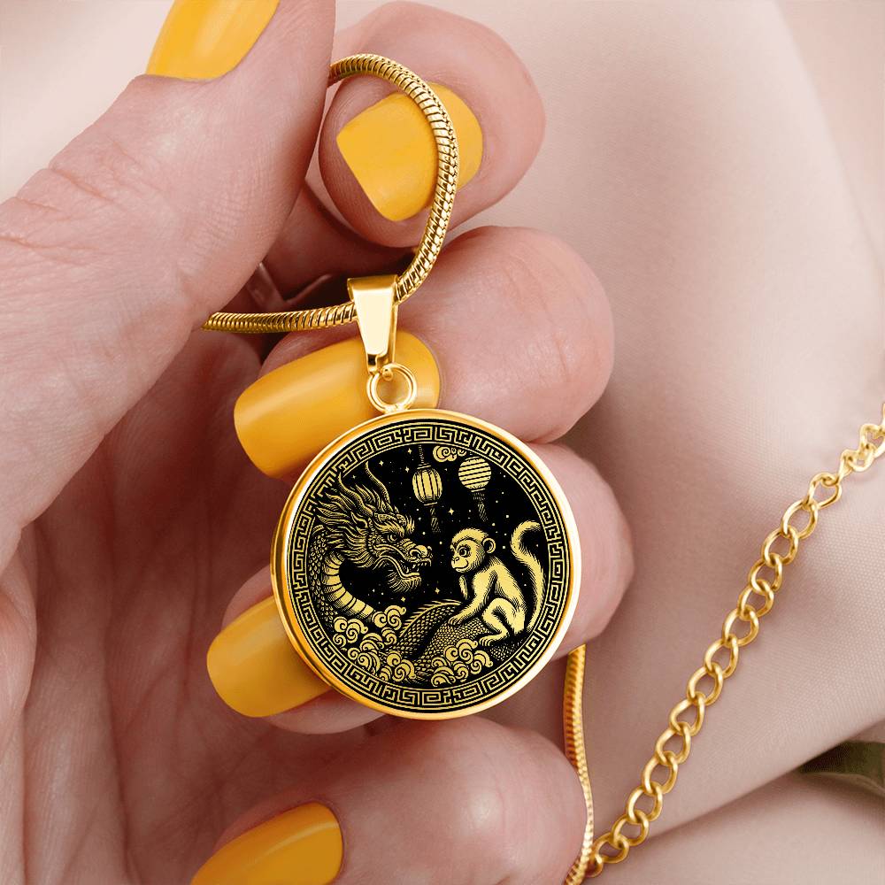 Woman holding An Elegant gold pendant featuring a Year of the Monkey and Year of The Dragon Necklace in gold and black. This jewelry offers personalization with an engraving option for a name.