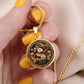 Woman holding an Elegant gold pendant Year of the Rabbit and Year of the Dragon Necklace. The colors are yellow, Red and Black . This jewelry offers personalization with an engraving option for a name.