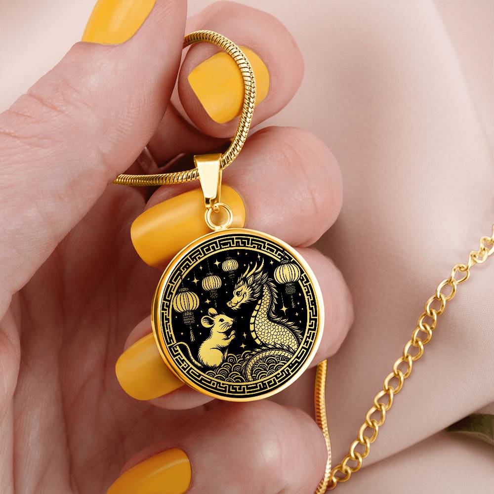 Woman holding An Elegant gold pendant featuring a Year of the Rat and Year of The Dragon Necklace in gold and black. This jewelry offers personalization with an engraving option for a name.