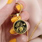 Woman holding An Elegant gold pendant featuring a Year of the Pig and Year of The Dragon Necklace in gold and black. This jewelry offers personalization with an engraving option for a name.