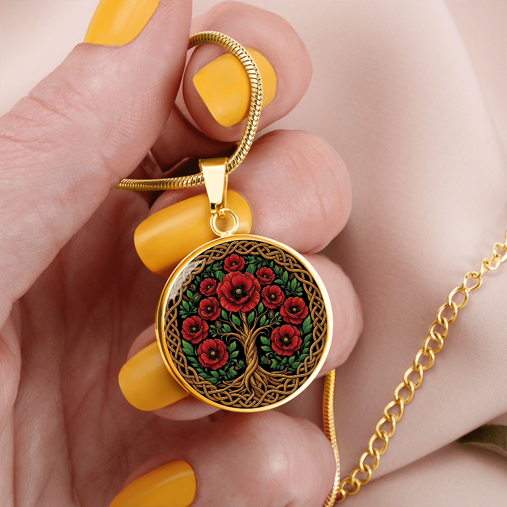 Celtic Tree of Life Pendant Necklace - Poppy August Birth Flower Jewelry