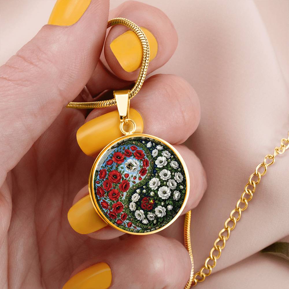 Poppy Yin Yang Necklace - August Birth Month Flower Pendant Jewelry
