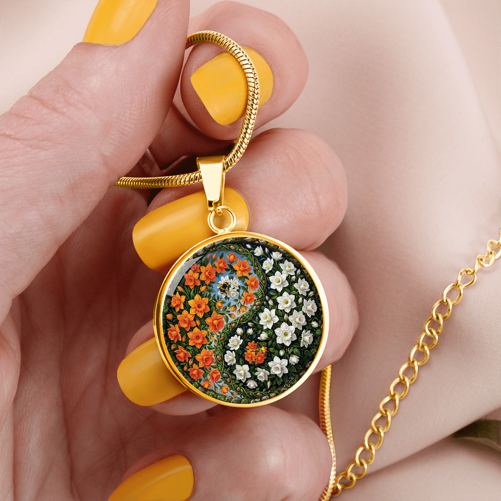 Daffodil Yin Yang Necklace - March Birth Month Flower Pendant Jewelry