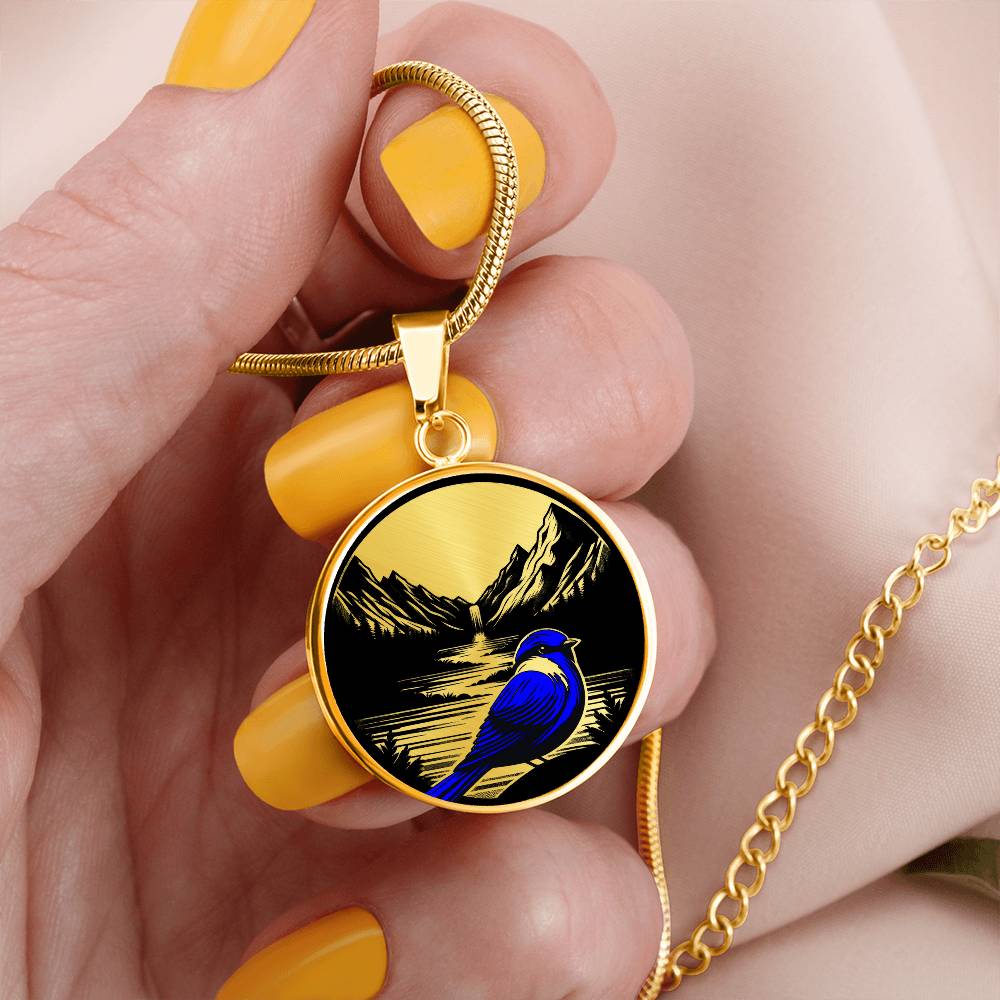 Bluebird Necklace, Golden Bird Jewelry Gifts For Her or Him, Idaho State Bird Glass Pendant Necklace, Engraved Nature Custom Charm Necklace