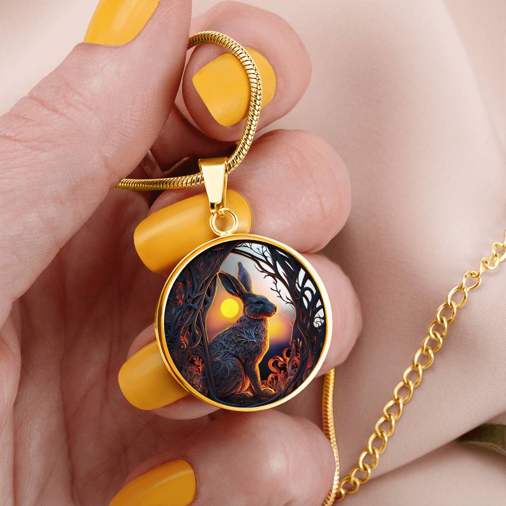 Woman holding an Elegant gold pendant Easter Bunny necklace featuring yellow sun, brown trees, brown rabbit, blue and white sky. This jewelry offers personalization with an engraving option for a name.