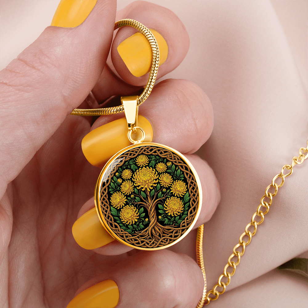 Celtic Tree of Life Pendant Necklace - Chrysanthemum November Birth Flower Jewelry