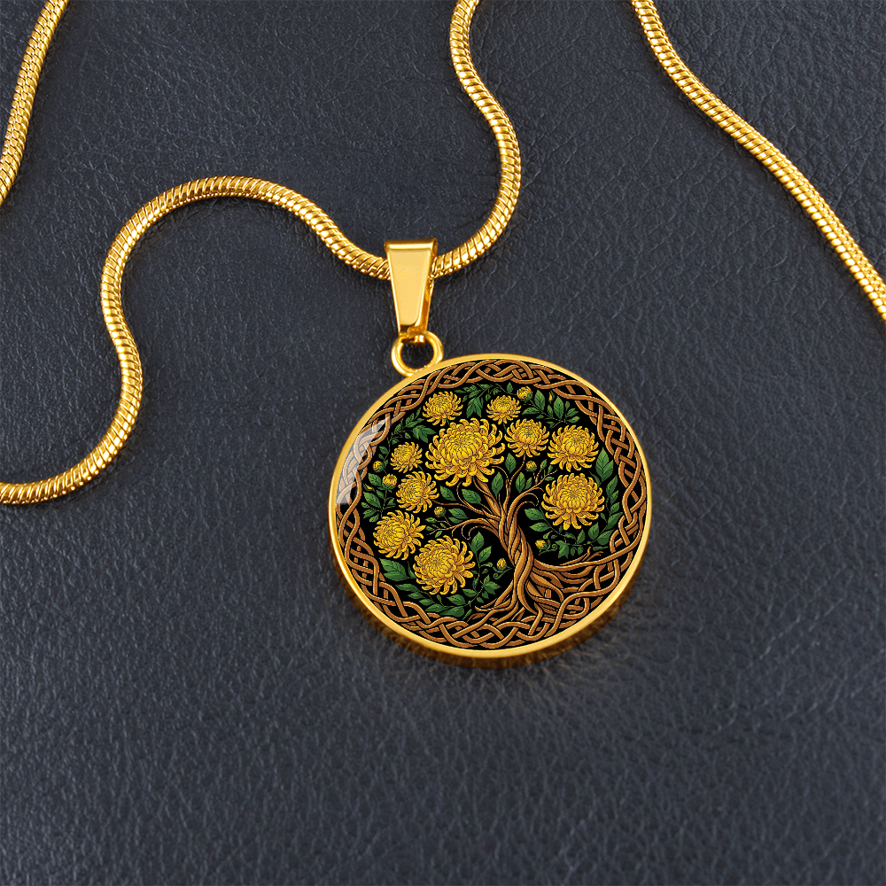 Celtic Tree of Life Pendant Necklace - Chrysanthemum November Birth Flower Jewelry