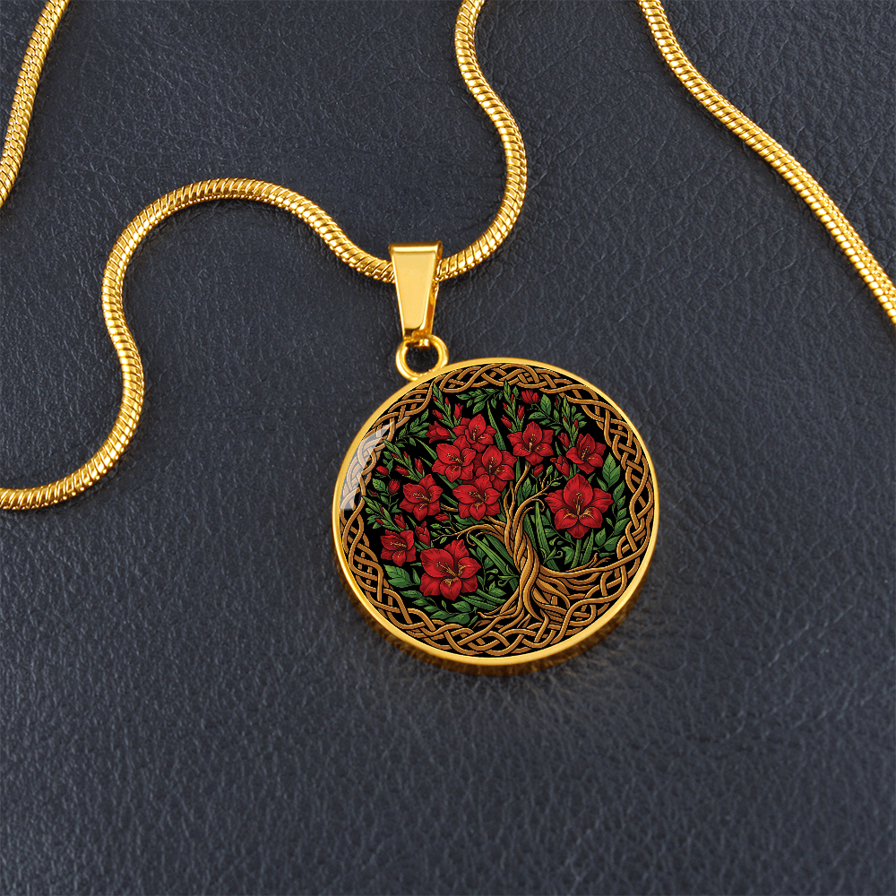 Celtic Tree of Life Pendant Necklace - Gladiolus August Birth Flower Jewelry