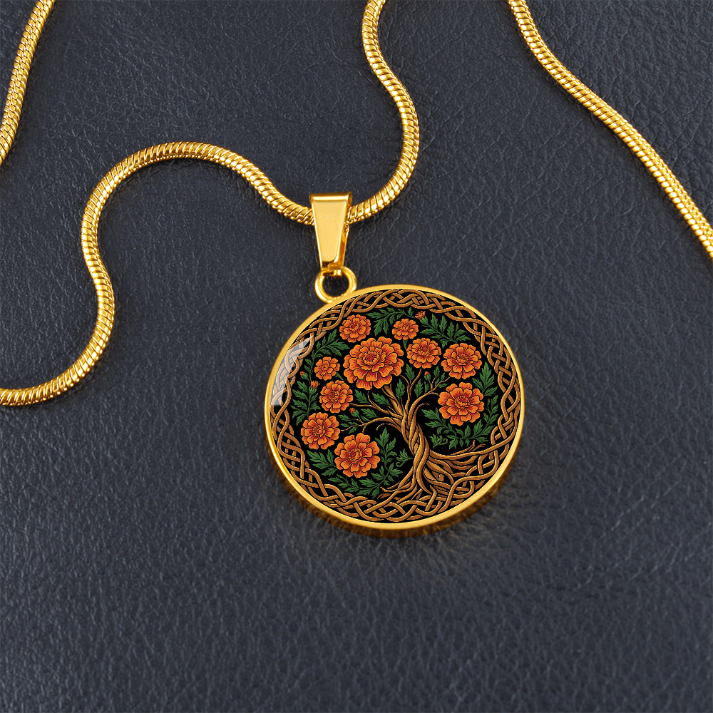 Celtic Tree of Life Pendant Necklace - Marigold October Birth Flower Jewelry