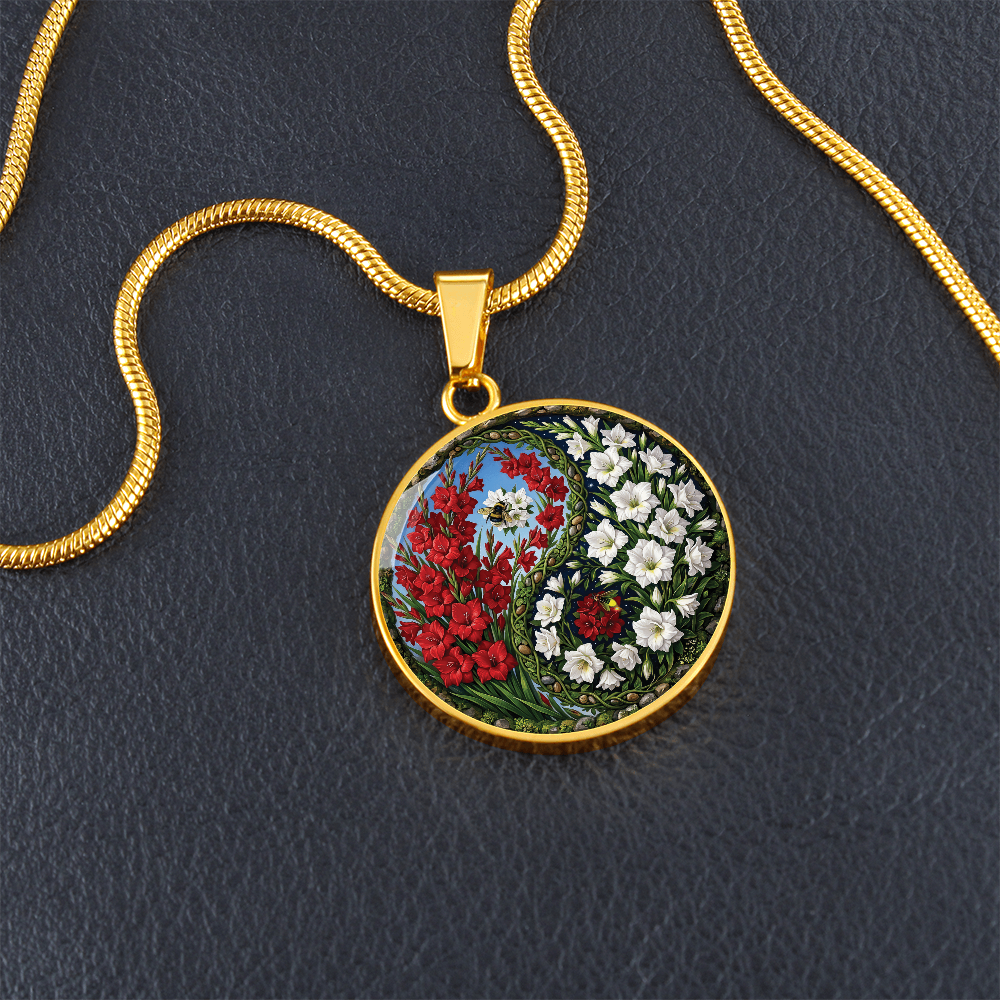 Gladiolus Yin Yang Necklace - August Birth Month Flower Pendant Jewelry
