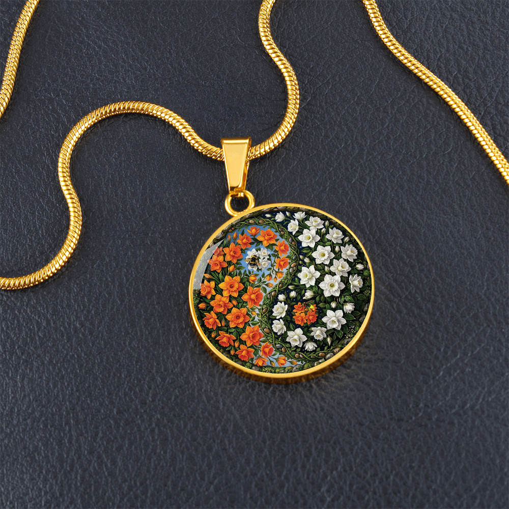 Daffodil Yin Yang Necklace - March Birth Month Flower Pendant Jewelry