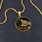 An elegant gold pendant Crow Necklace. The colors are gold and black. This jewelry offers personalization with an engraving option for a name.