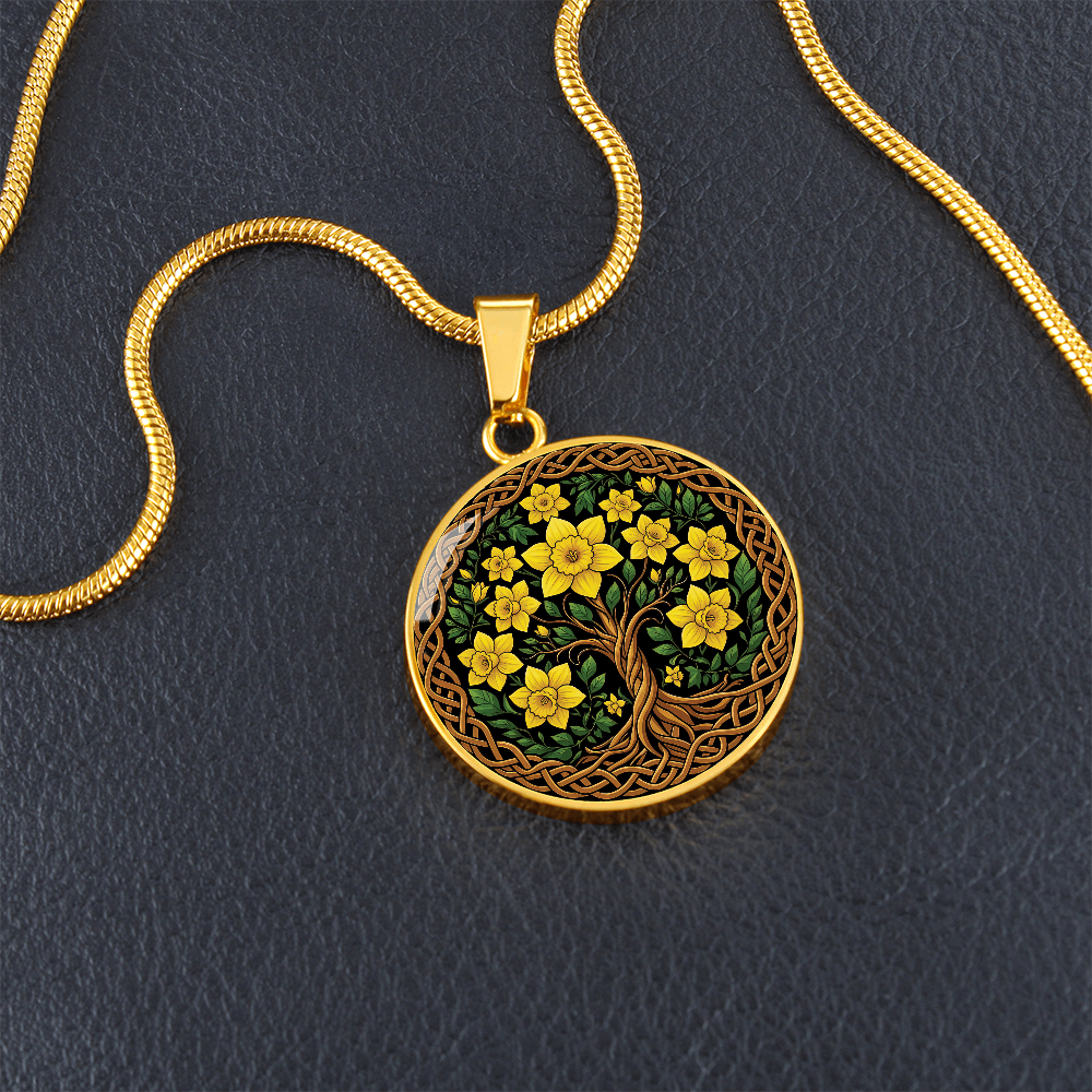 Celtic Tree of Life Pendant Necklace - Daffodil March Birth Flower Jewelry