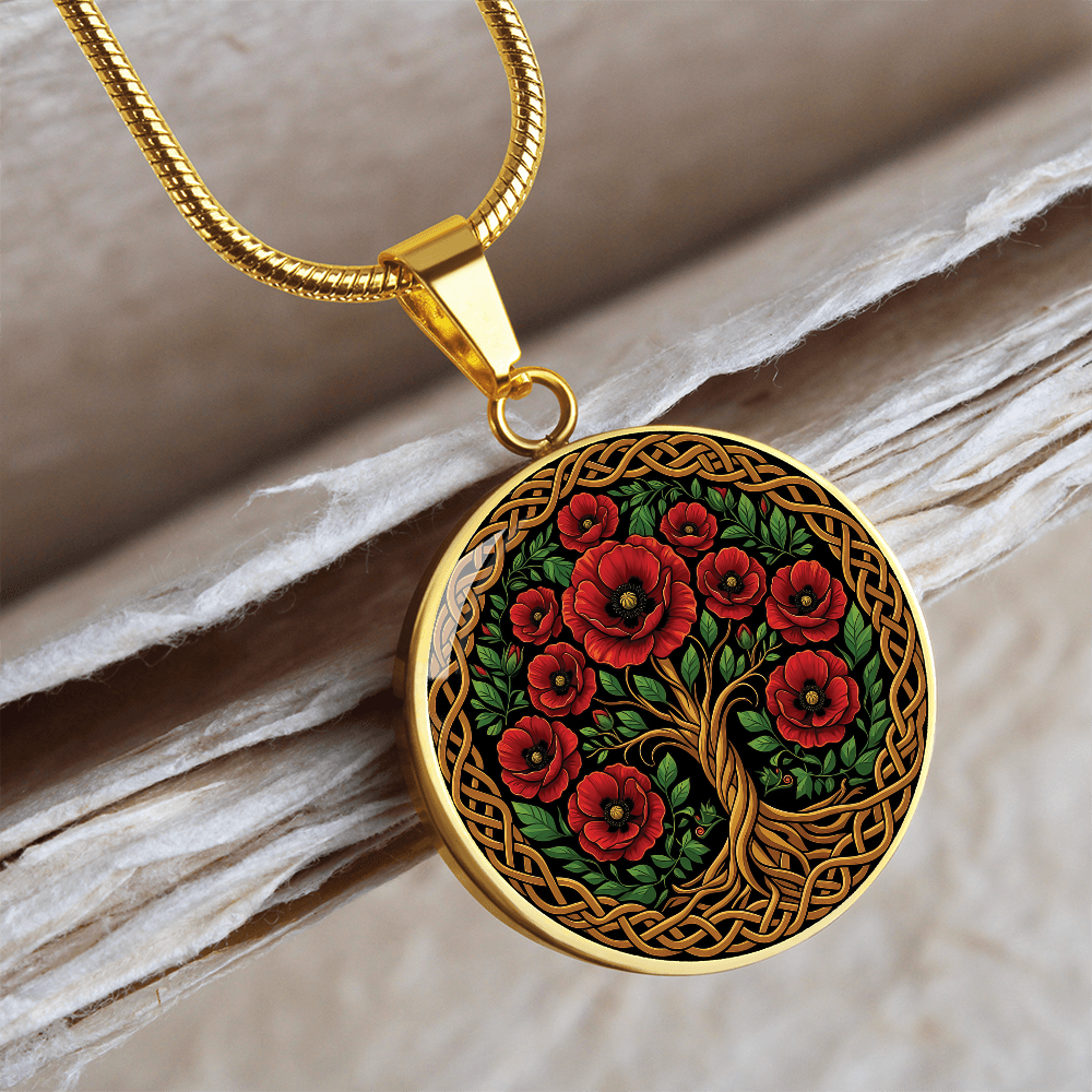 Celtic Tree of Life Pendant Necklace - Poppy August Birth Flower Jewelry