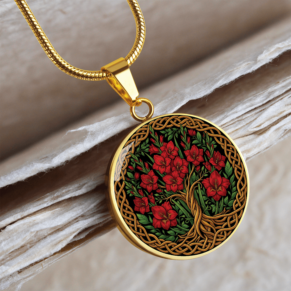 Celtic Tree of Life Pendant Necklace - Gladiolus August Birth Flower Jewelry