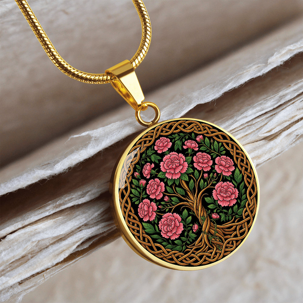 Celtic Tree of Life Pendant Necklace - Carnation January Birth Flower Jewelry