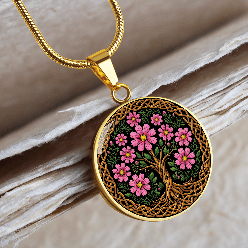 Celtic Tree of Life Pendant Necklace - Cosmos October Birth Flower Jewelry