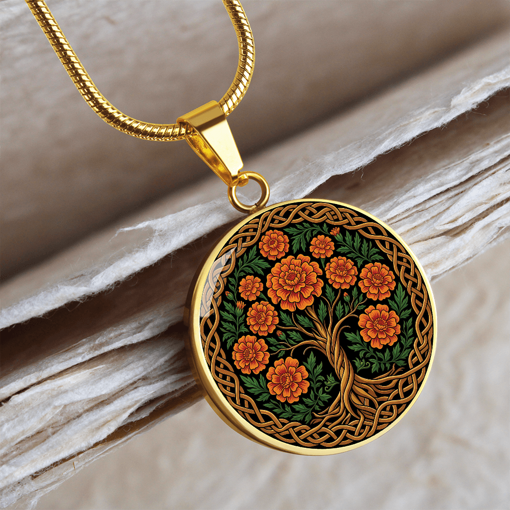 Celtic Tree of Life Pendant Necklace - Marigold October Birth Flower Jewelry