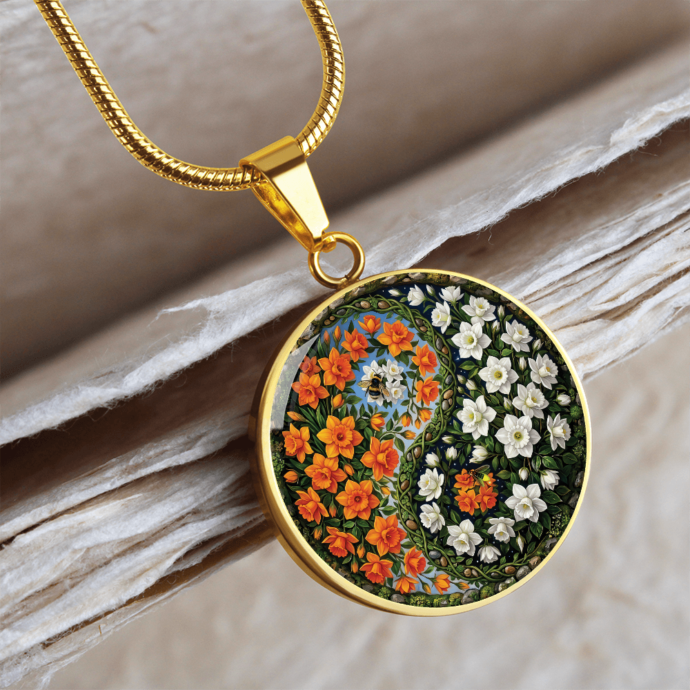Daffodil Yin Yang Necklace - March Birth Month Flower Pendant Jewelry