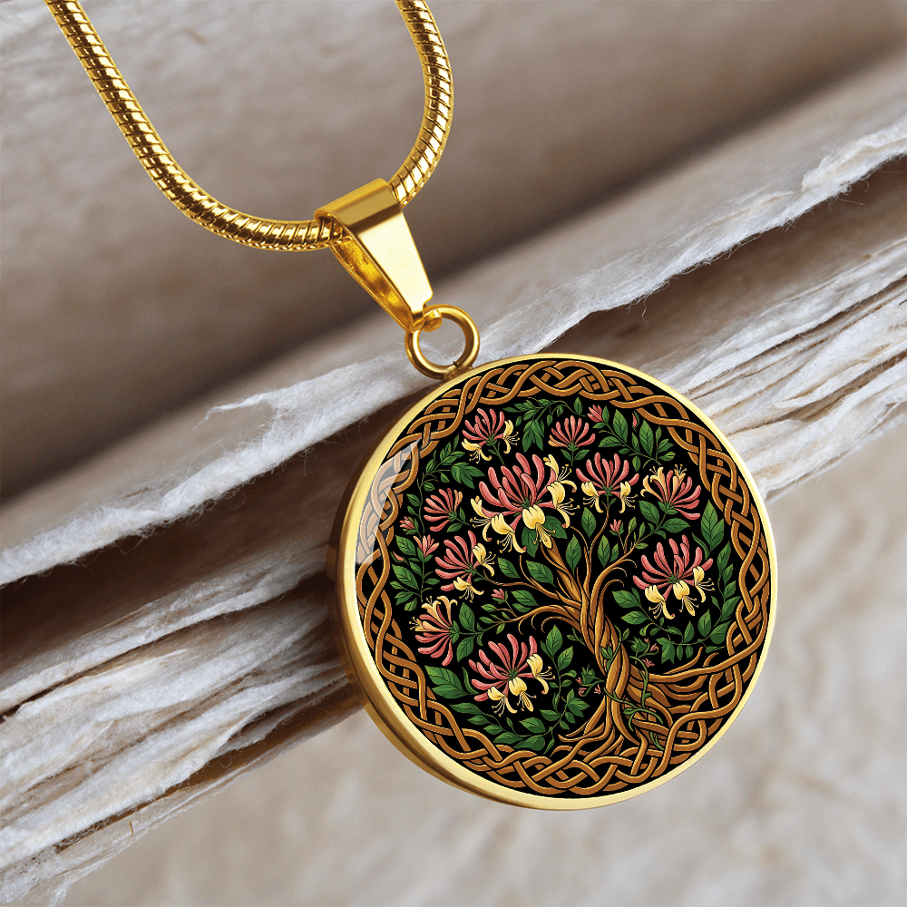 Celtic Tree of Life Pendant Necklace - Honeysuckle June Birth Flower Jewelry