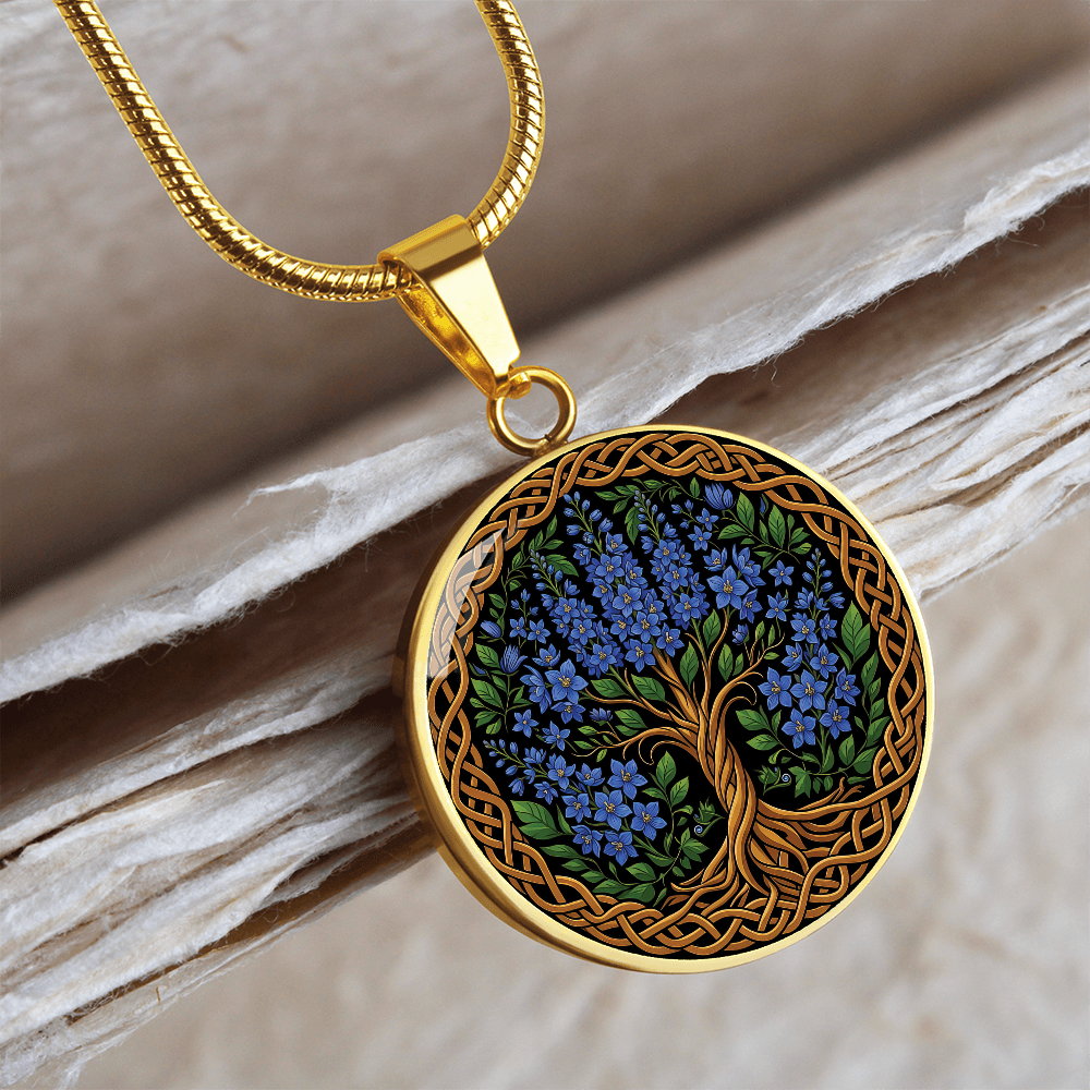 Celtic Tree of Life Pendant Necklace - Larkspur July Birth Flower Jewelry