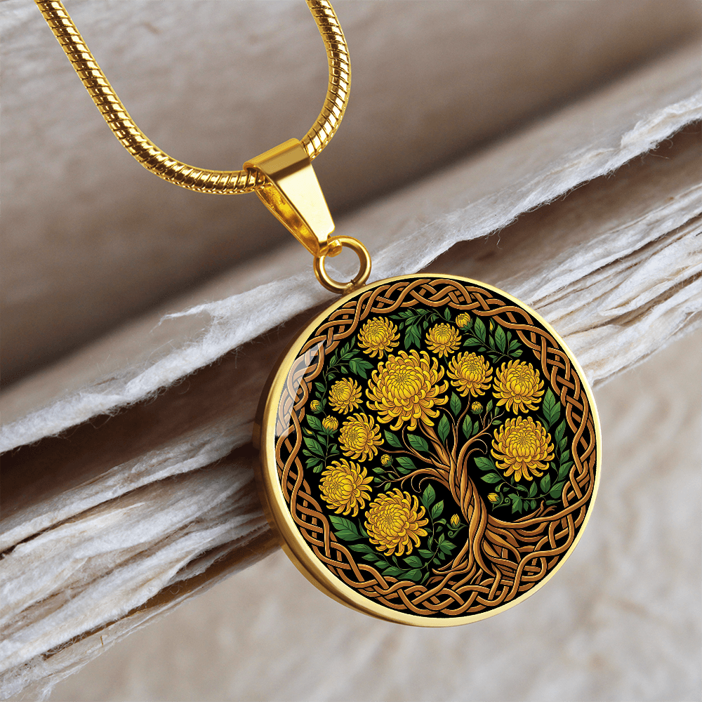 Celtic Tree of Life Pendant Necklace - Chrysanthemum November Birth Flower Jewelry
