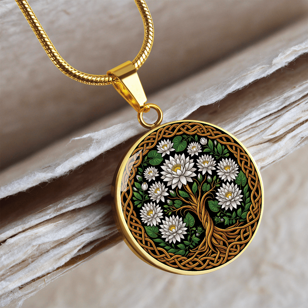 Celtic Tree of Life Pendant Necklace - Water Lily July Birth Flower Jewelry