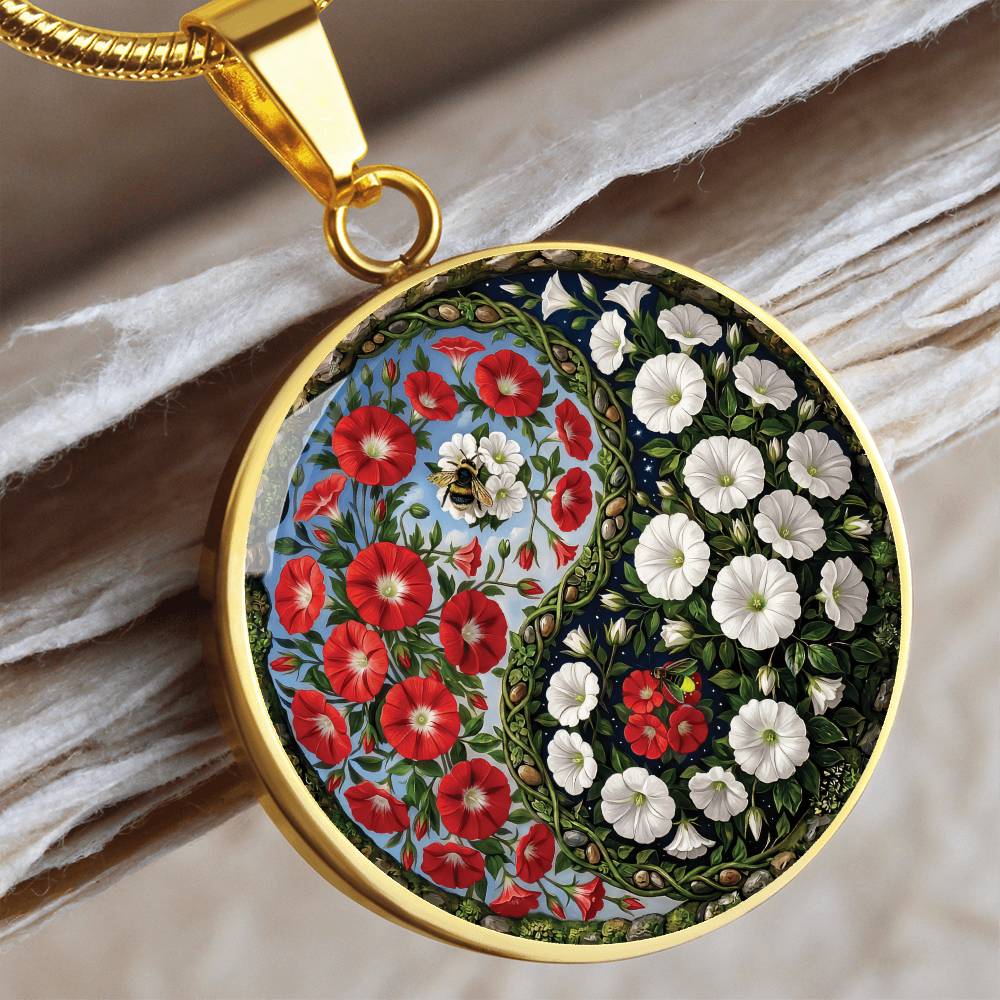 Red and White Morning Glory Yin Yang Necklace - September Birth Month Flower Pendant Jewelry