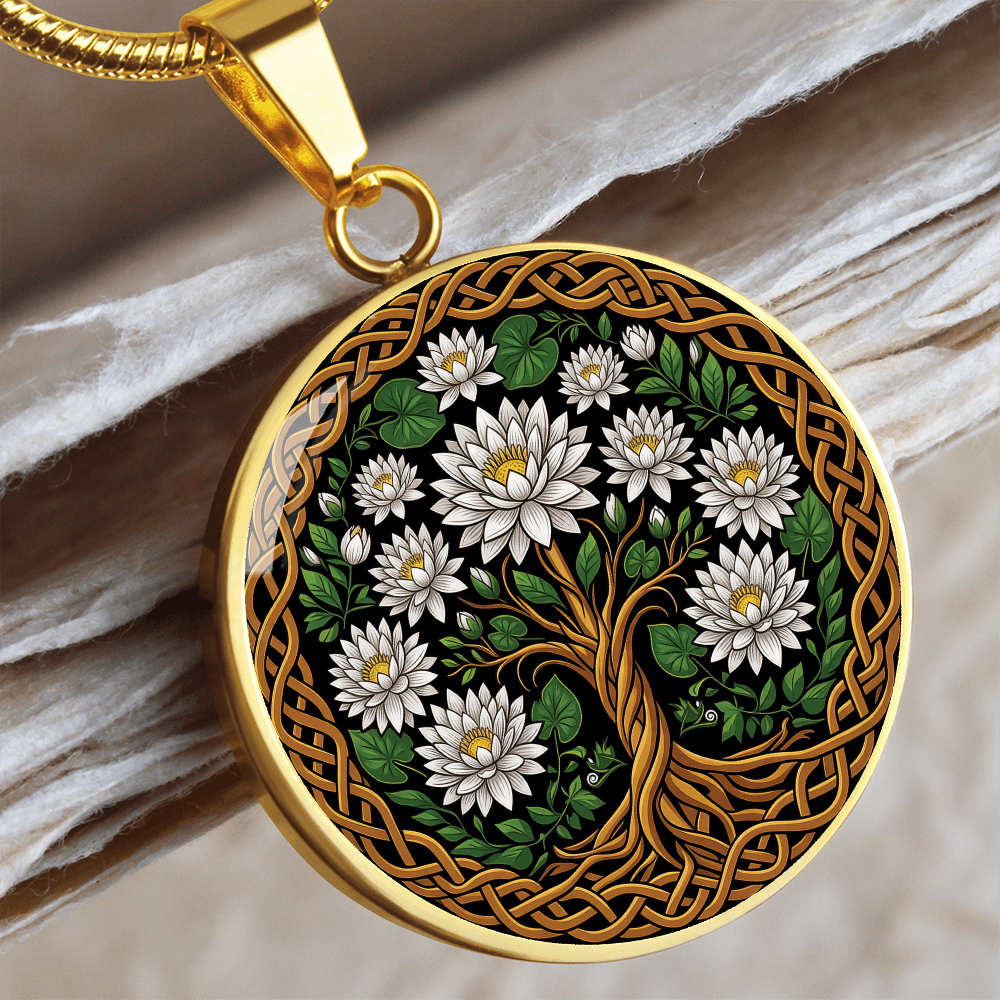 Celtic Tree of Life Pendant Necklace - Water Lily July Birth Flower Jewelry