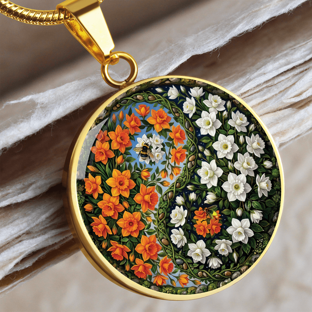 Daffodil Yin Yang Necklace - March Birth Month Flower Pendant Jewelry