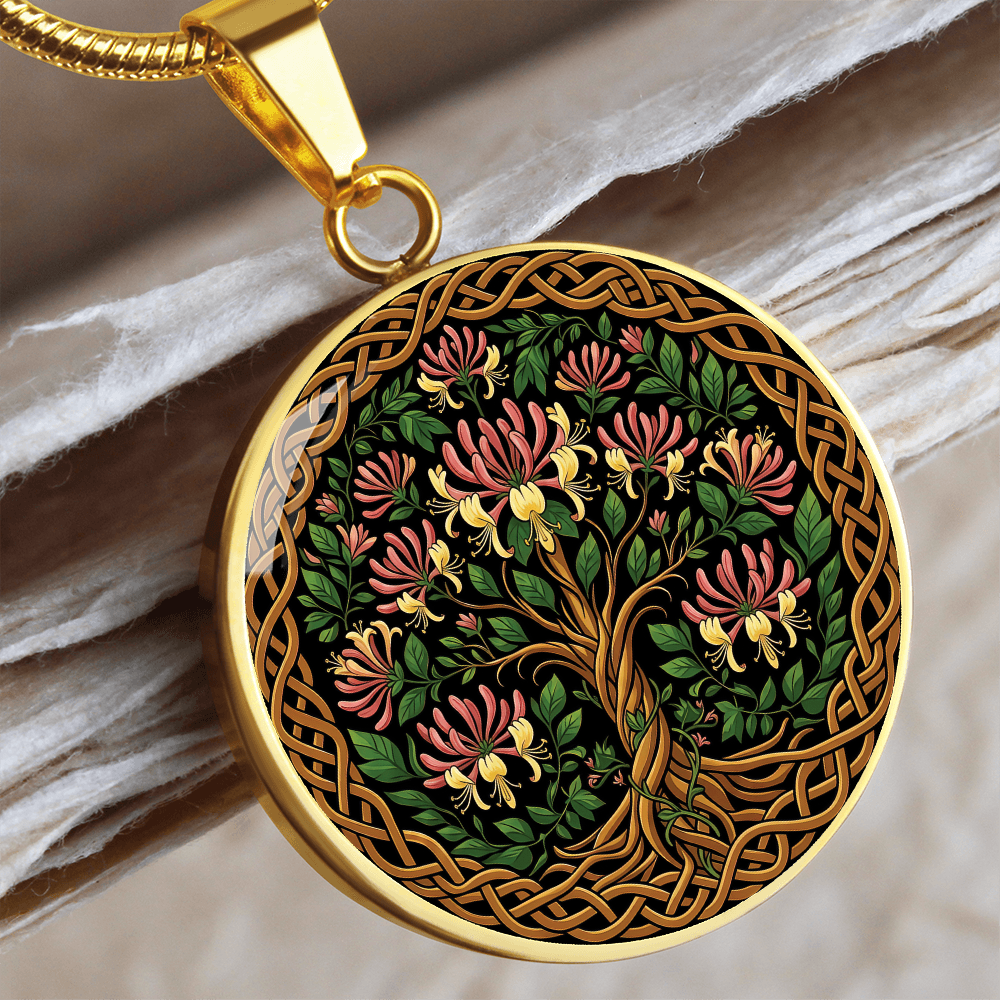 Celtic Tree of Life Pendant Necklace - Honeysuckle June Birth Flower Jewelry