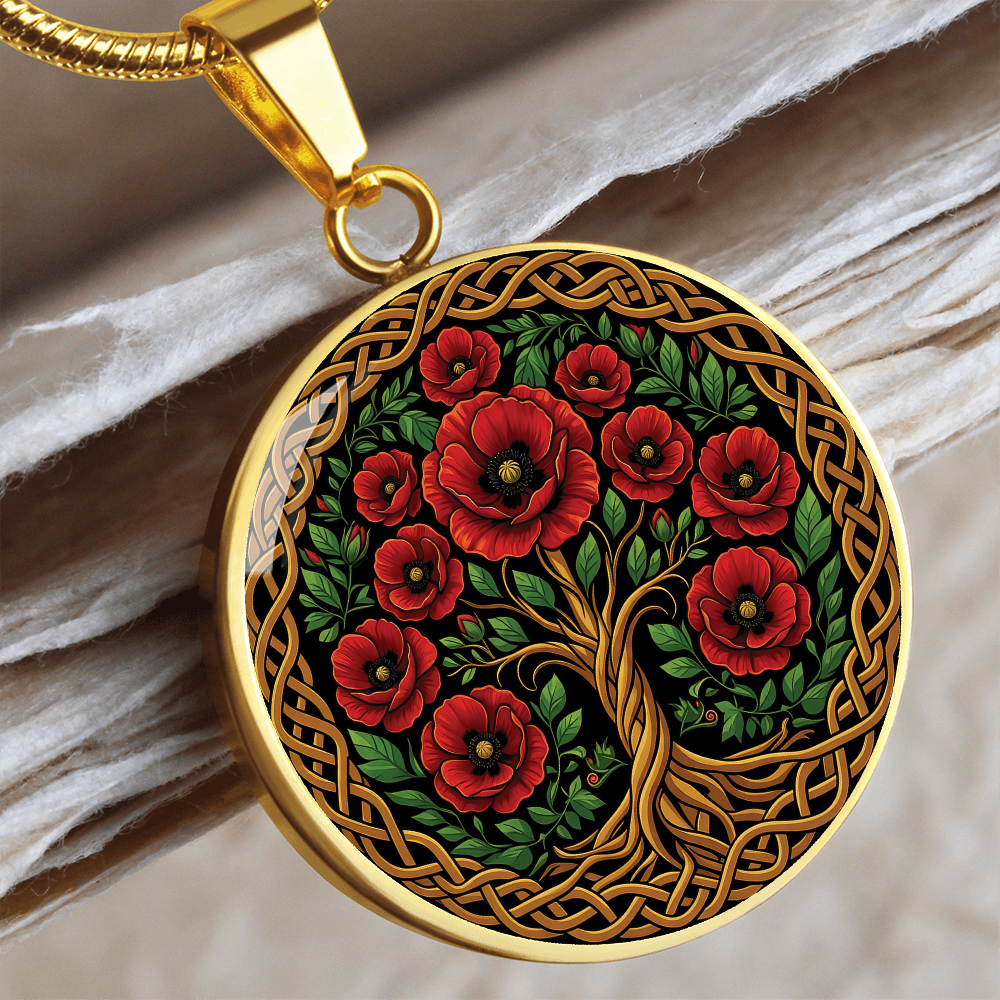 Celtic Tree of Life Pendant Necklace - Poppy August Birth Flower Jewelry
