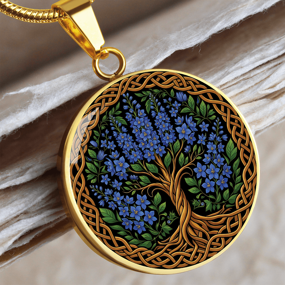Celtic Tree of Life Pendant Necklace - Larkspur July Birth Flower Jewelry