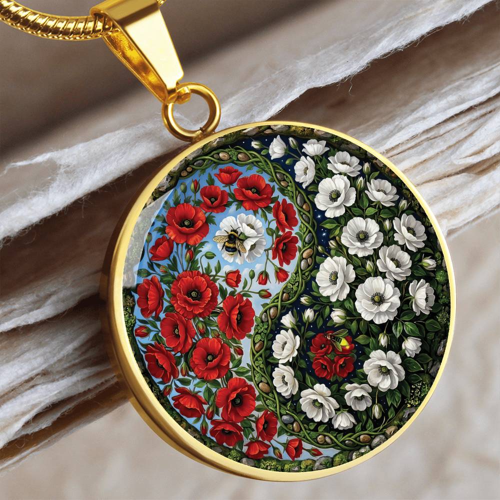 Poppy Yin Yang Necklace - August Birth Month Flower Pendant Jewelry