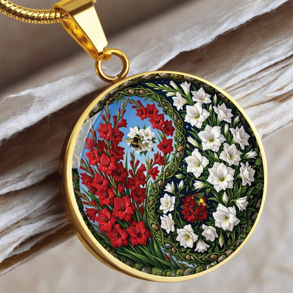 Gladiolus Yin Yang Necklace - August Birth Month Flower Pendant Jewelry