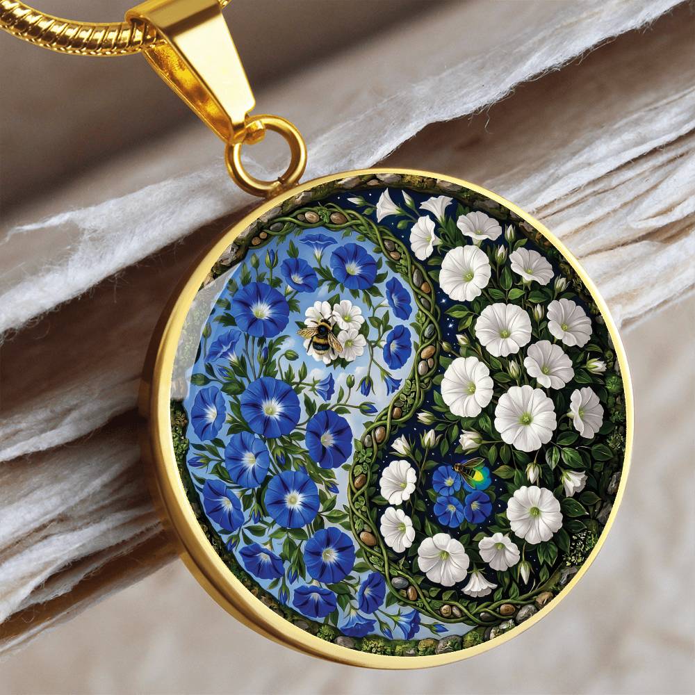 Morning Glory Yin Yang Necklace - September Birth Month Flower Pendant Jewelry