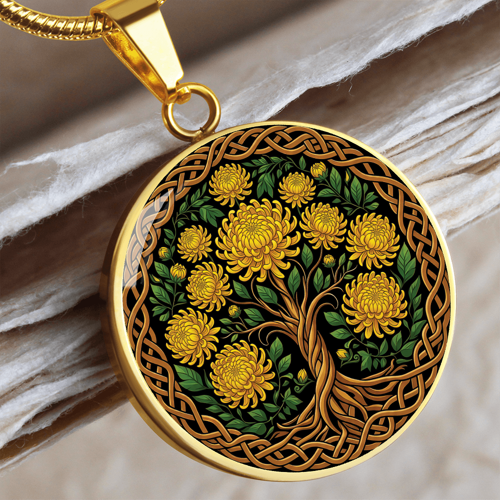 Celtic Tree of Life Pendant Necklace - Chrysanthemum November Birth Flower Jewelry