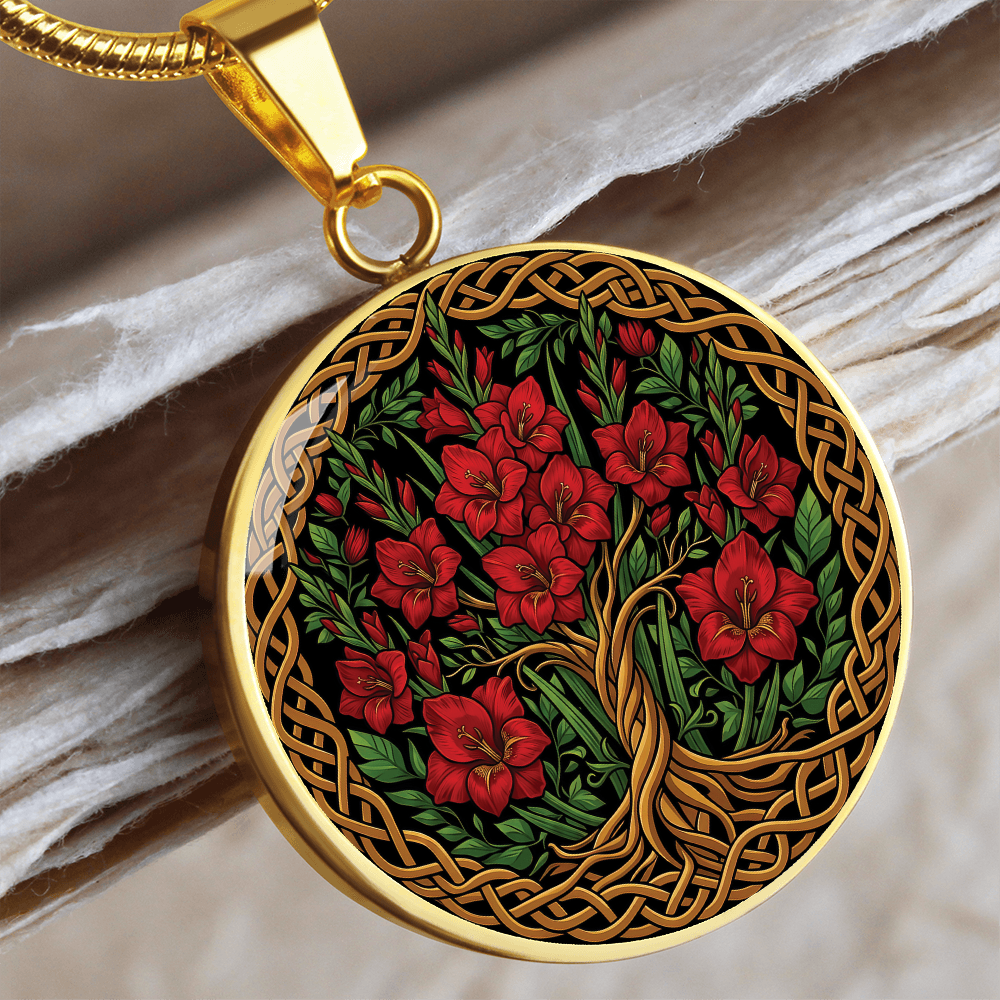 Celtic Tree of Life Pendant Necklace - Gladiolus August Birth Flower Jewelry