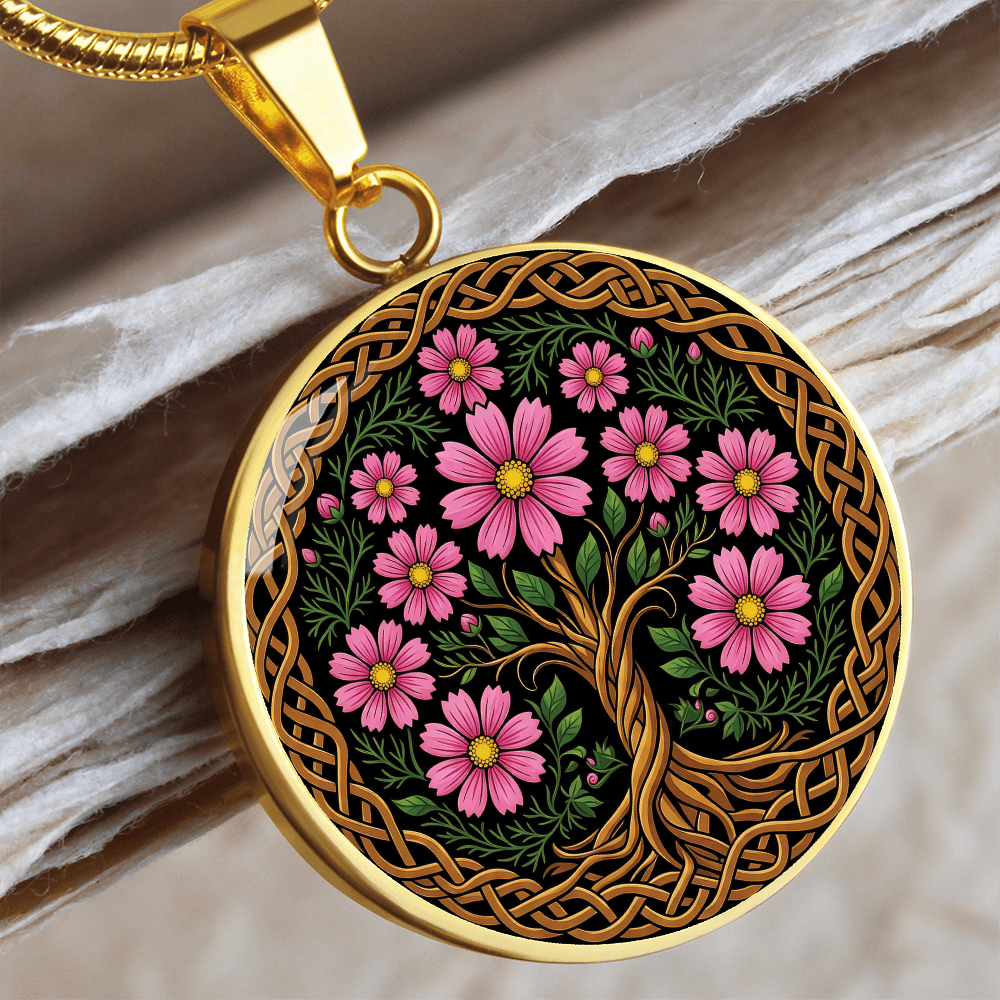 Celtic Tree of Life Pendant Necklace - Cosmos October Birth Flower Jewelry