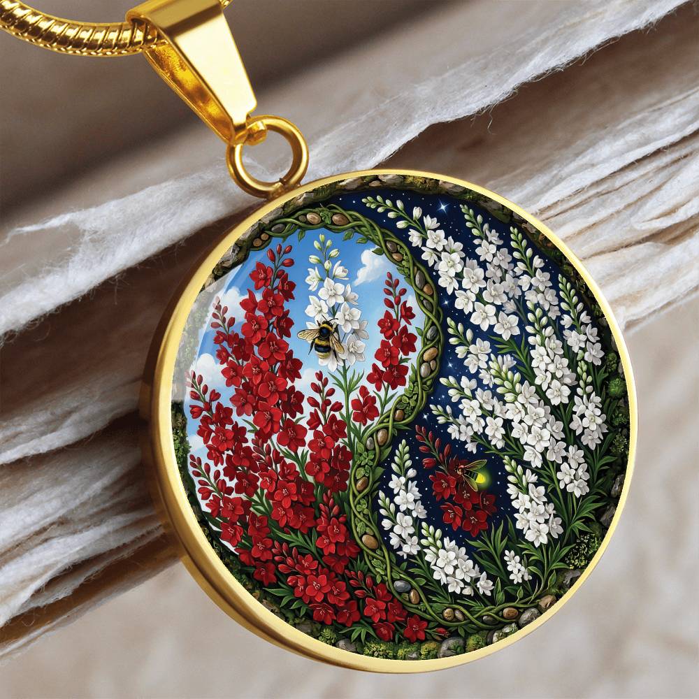 Larkspur Yin Yang Necklace - July Birth Month Flower Pendant Jewelry