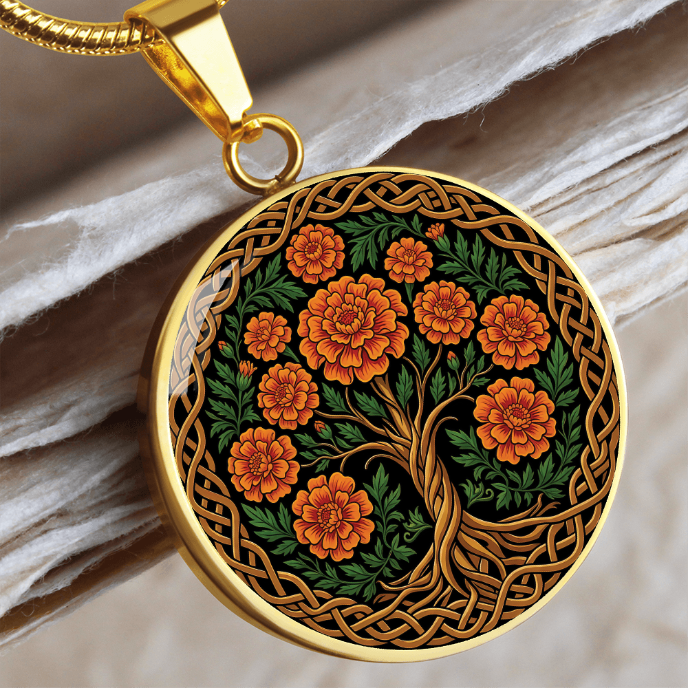 Celtic Tree of Life Pendant Necklace - Marigold October Birth Flower Jewelry