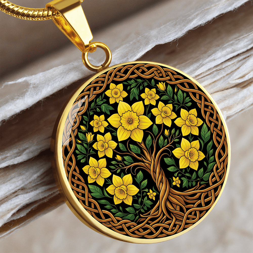Celtic Tree of Life Pendant Necklace - Daffodil March Birth Flower Jewelry