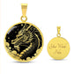 an Elegant gold pendant Chinese Dragon necklace featuring a vivid gold dragon with stars and clouds set against a black backdrop. This jewelry offers personalization with an engraving option for a name.