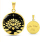 An Elegant gold pendant Water Lily Necklace featuring Stars, Lily Pads and a Water lily, all in black and gold. This jewelry offers personalization with an engraving option for a name.