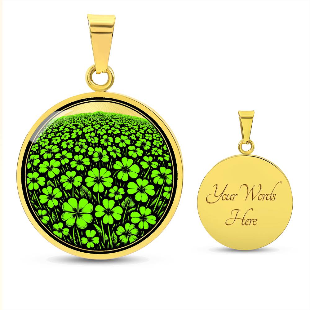 Elegant gold pendant necklace featuring a vivid Green Clover Field set against a Gold & black backdrop. This necklace offers personalization with an engraving option for a name.