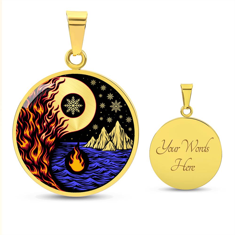 an Elegant gold pendant featuring a vivid Red/Orange Fire, Blue Water, gold snow flakes and gold Icebergs. set against a gold & Black backdrop. This jewelry offers personalization with an engraving option for a name.