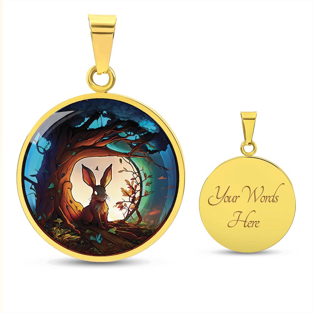 an elegant gold pendant Wood Rabbit Necklace. The Colors are brown, white, green, blue, yellow and red. This jewelry offers personalization with an engraving option for a name.