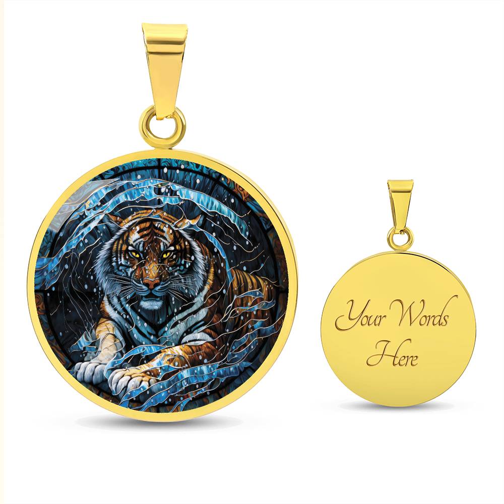 An elegant gold pendant Chinese Zodiac Tiger Necklace. The colors are blue, black, orange, white and yellow. This jewelry offers personalization with an engraving option for a name.