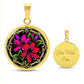 Elegant gold pendant featuring a vivid red, Pink & Purple honeysuckles, Junes birth month flower, set against a black backdrop with the metal shinning through. This necklace offers personalization with an engraving option for a name