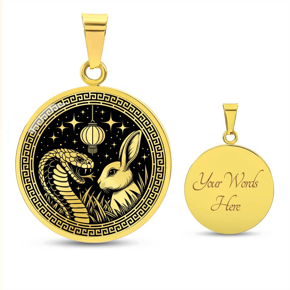 An Elegant gold pendant featuring a Year of the Rabbit and Year of The Snake Necklace in real gold and black. This jewelry offers personalization with an engraving option for a name.